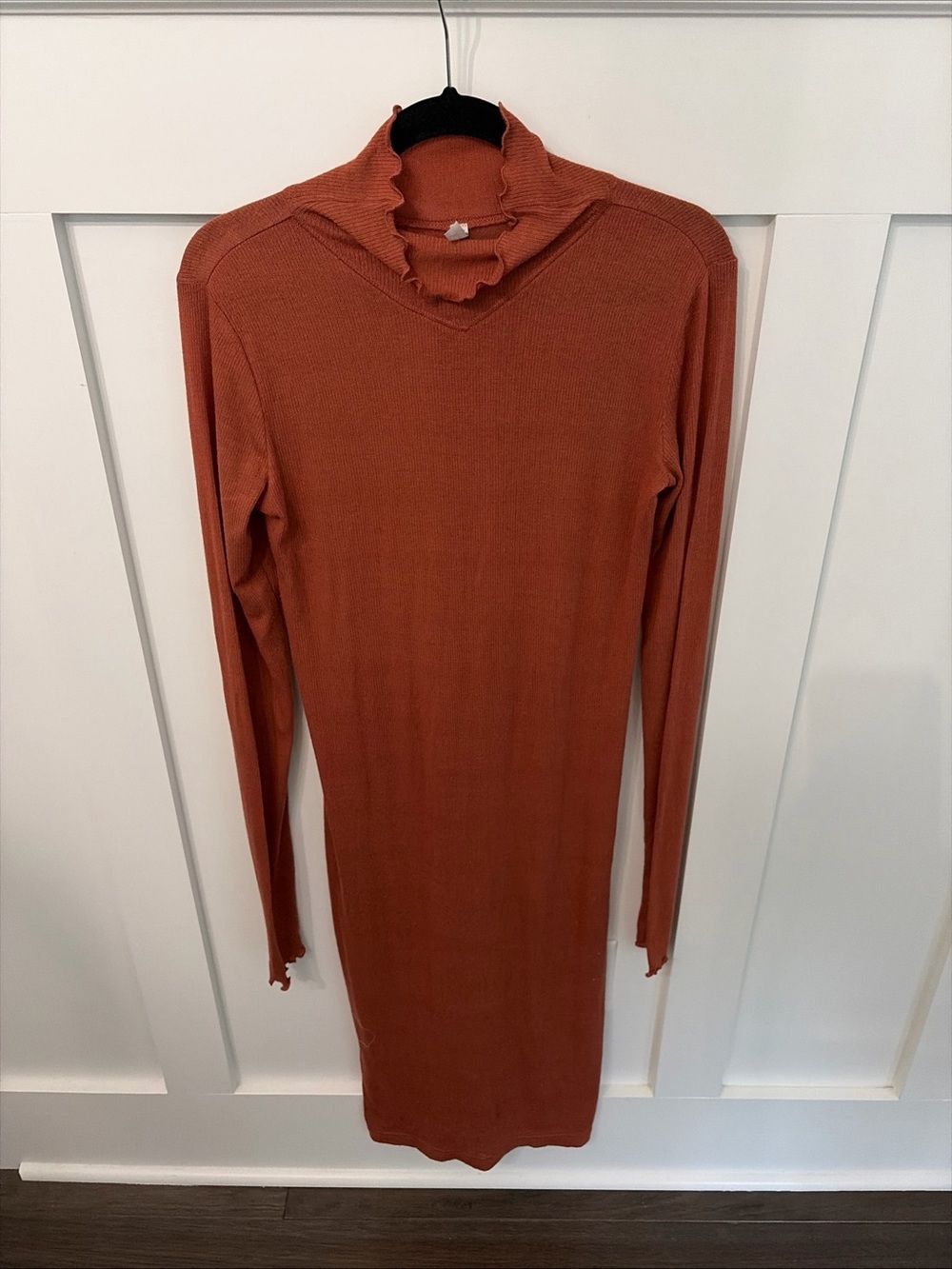 Free People Terracotta Ribbed Long-Sleeve Midi Dress with Ruffle Neck